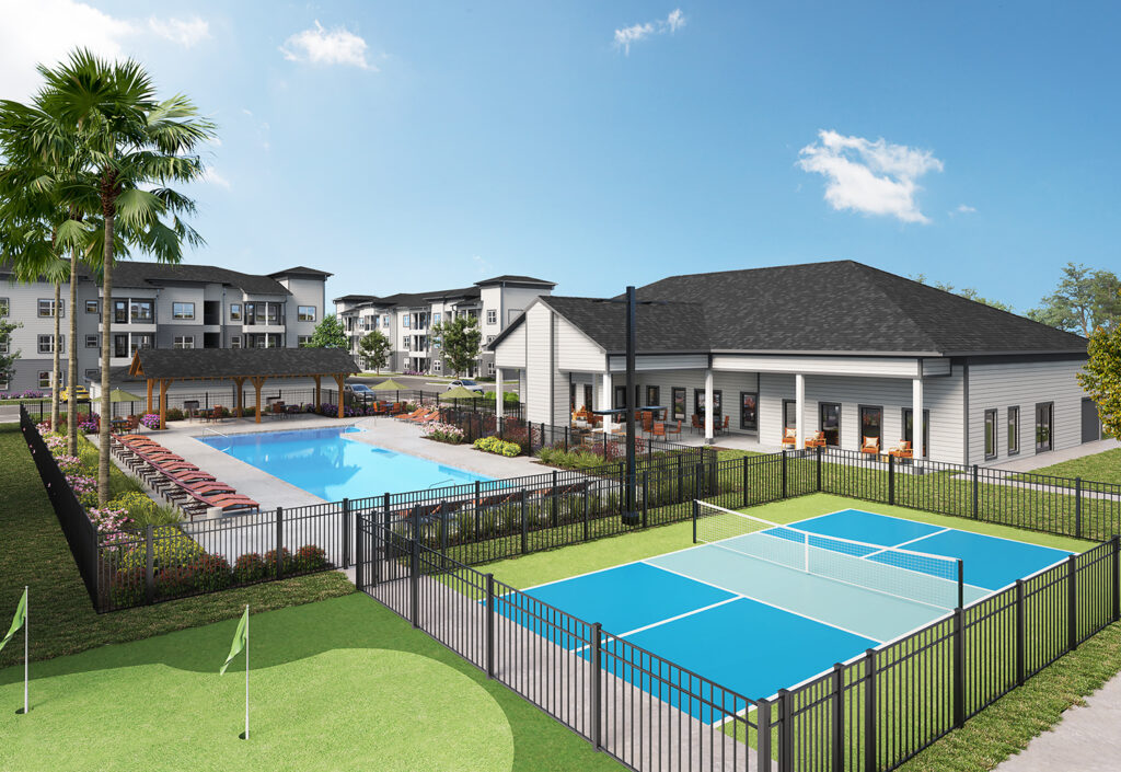 Relax and play at Arbor Rose Porter with a pool, grills, pickle ball court, and a putting green.